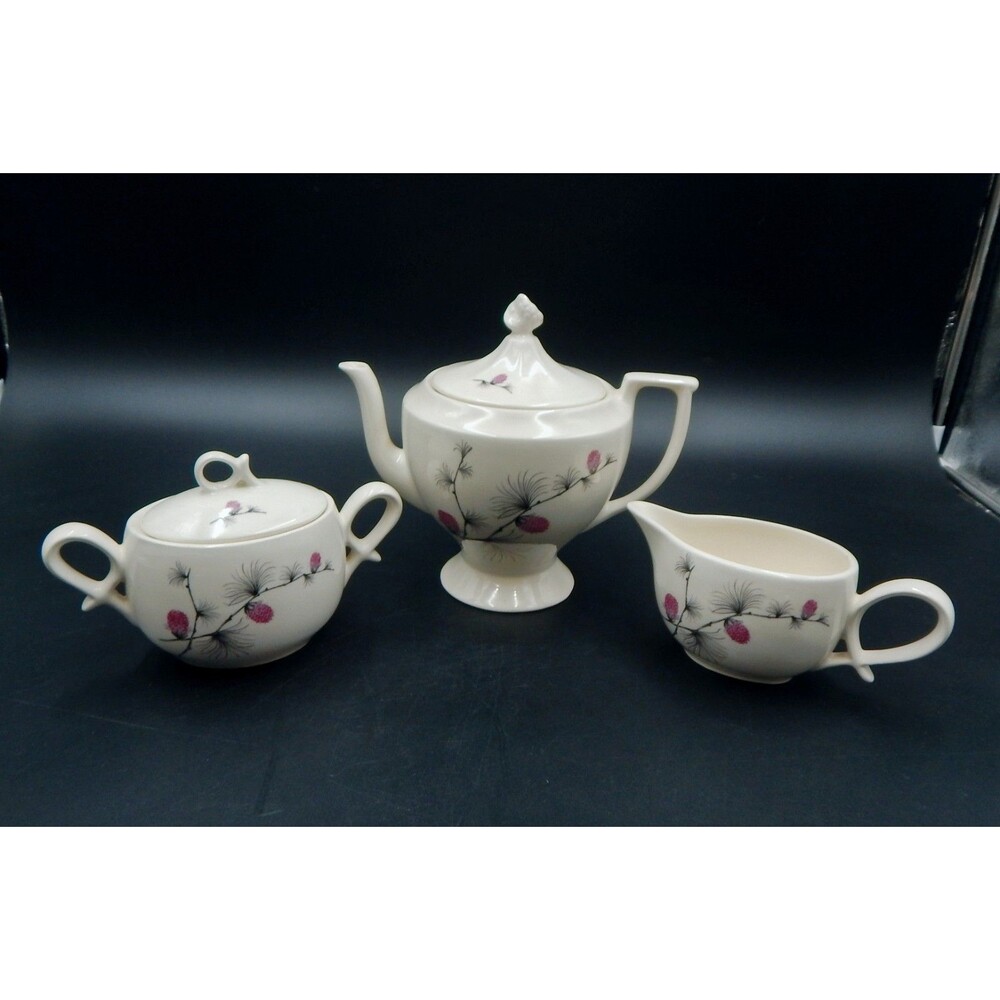 Canonsburg Pottery SkyLine WILD CLOVER Teapot Covered Sugar Creamer 1960s VTG